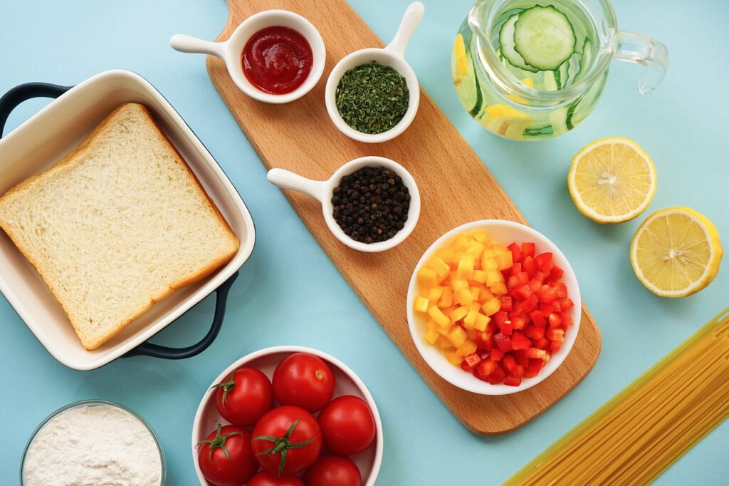 cutting board, food, fruits and vegetables