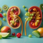 3D illustration of a pair of kidney made of fruits and vegetables. Conceptual 3d illustration with copy space.