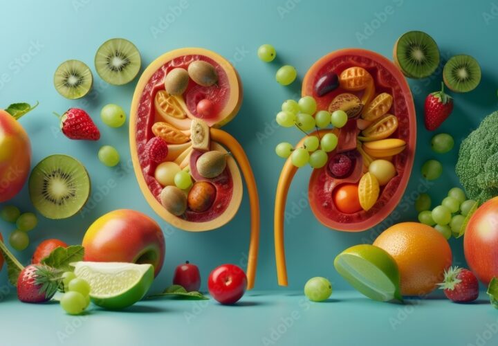 3D illustration of a pair of kidney made of fruits and vegetables. Conceptual 3d illustration with copy space.