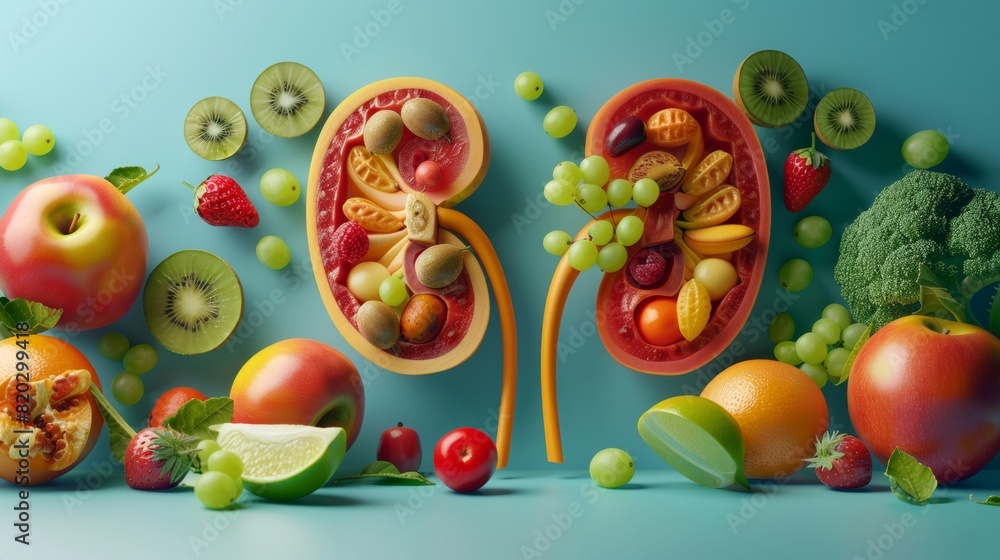 3D illustration of a pair of kidney made of fruits and vegetables. Conceptual 3d illustration with copy space.